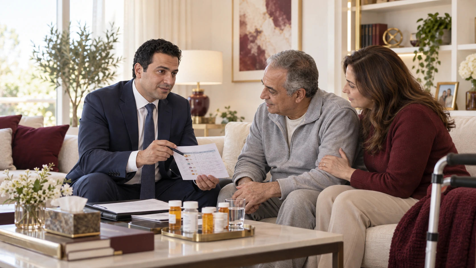 متابعة عصبية منزلية لمريض بعد السكتة مع مراجعة الأدوية والتقارير بحضور الأسرة
