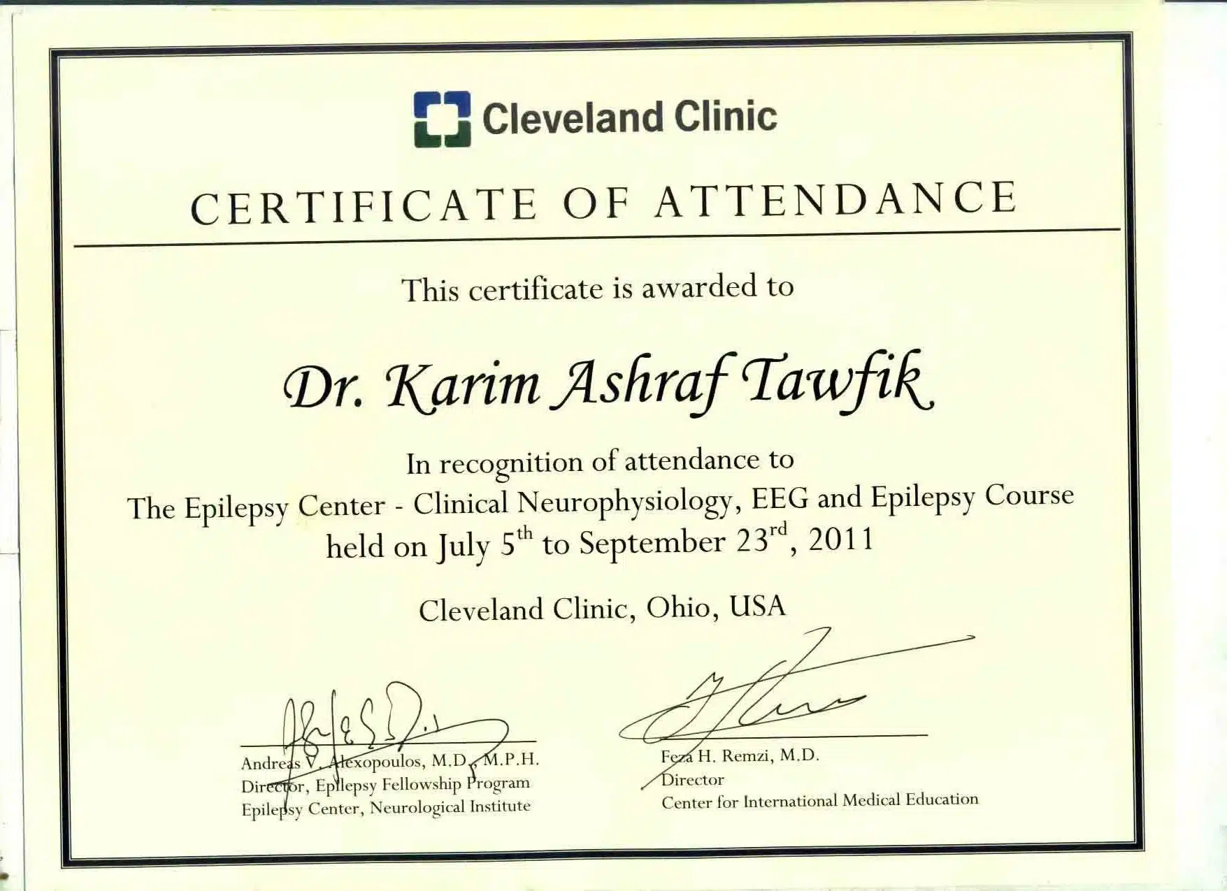 Certificate of Attendance — Cleveland Clinic