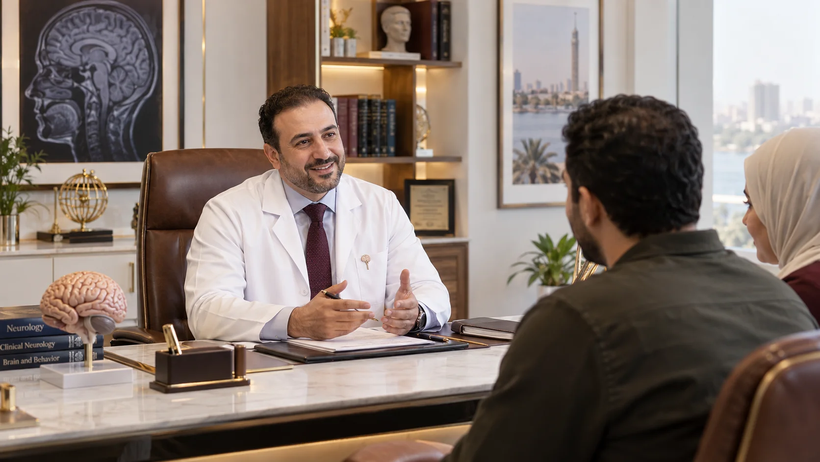 Contact and booking hero image for Dr. Karim Ashraf at a premium neurology clinic