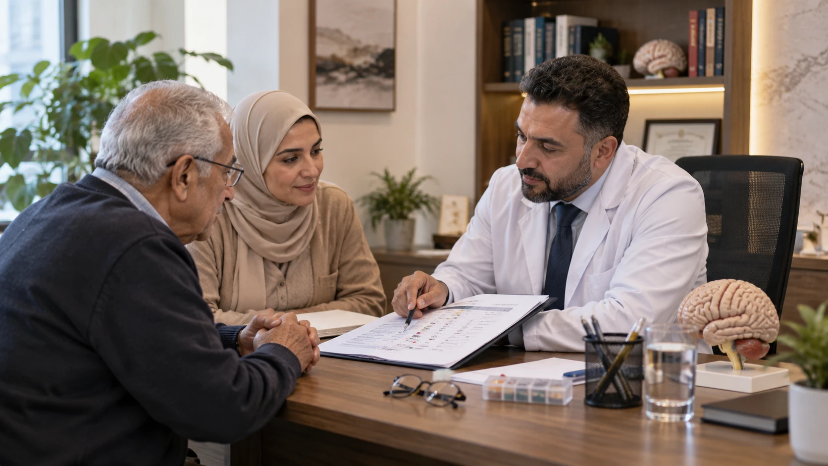 طبيب يراجع خطة علاج ومتابعة الزهايمر مع مريض مصري وأحد أفراد أسرته