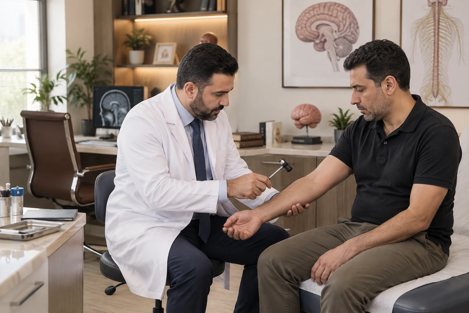 طبيب مخ وأعصاب يجري فحصًا عصبيًا لمريض مصري داخل العيادة