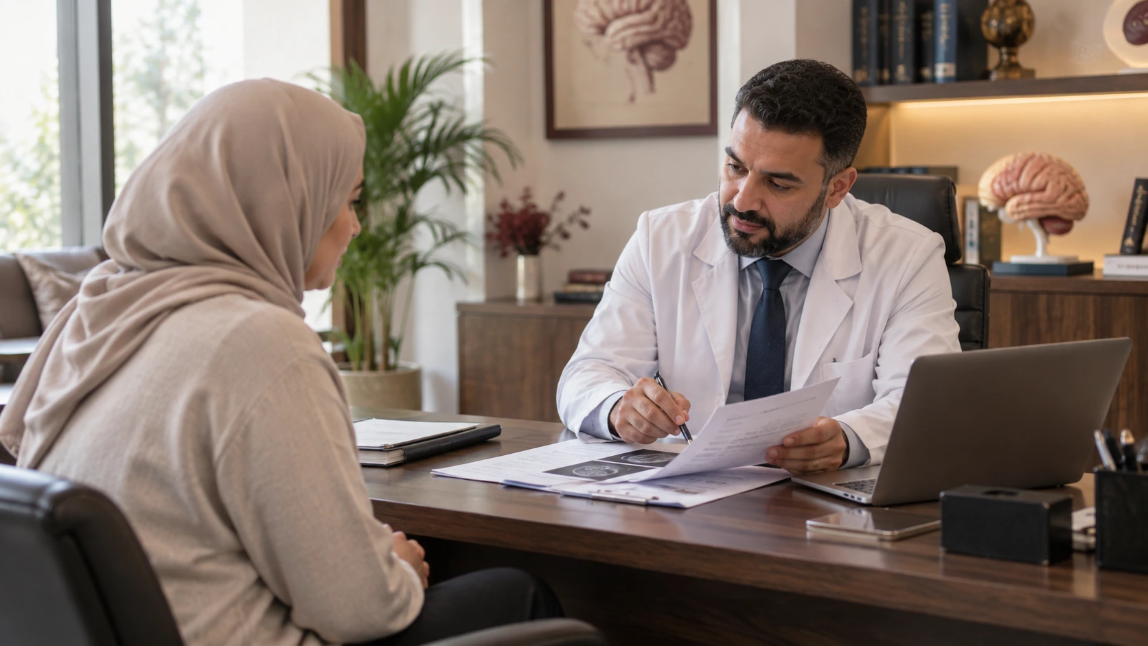 طبيب مخ وأعصاب يراجع تقارير وأشعات مع مريضة مصرية داخل العيادة