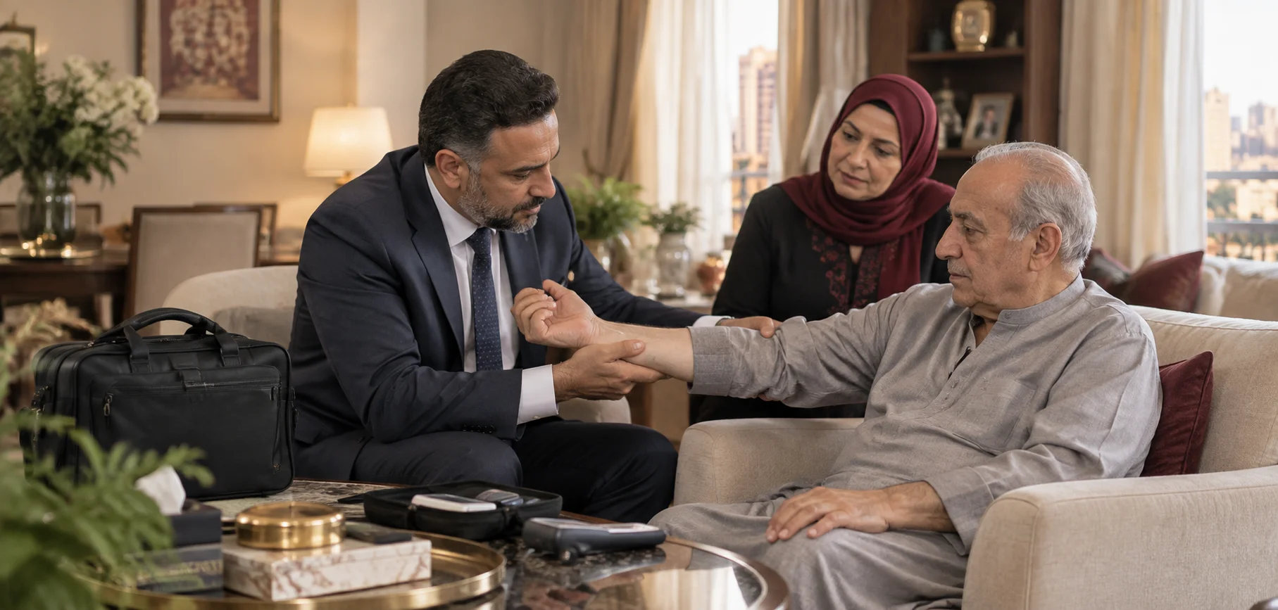طبيب مخ وأعصاب يفحص مريضًا مصريًا كبير السن أثناء زيارة منزلية بحضور أحد أفراد الأسرة