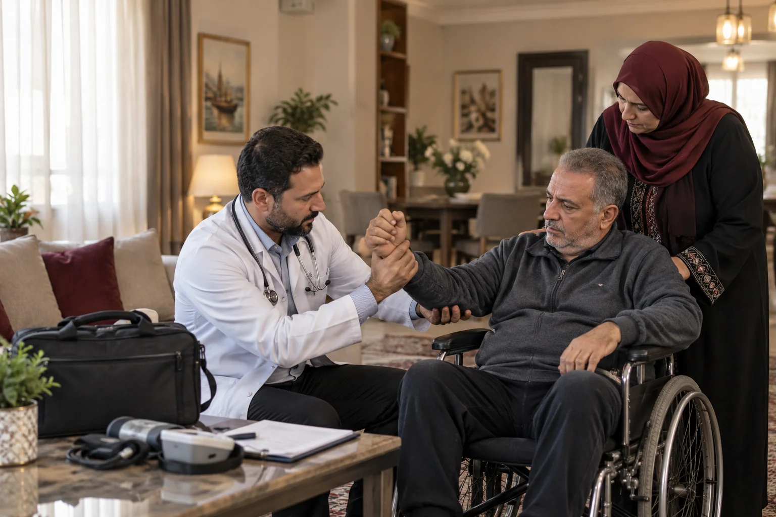 طبيب يفحص قوة الذراع لمريض مصري على كرسي متحرك أثناء متابعة عصبية منزلية