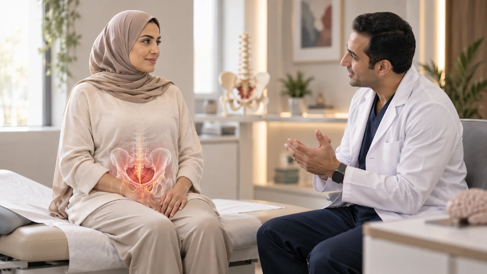 سيدة عربية أثناء استشارة متخصصة حول أعراض قاع الحوض مع طبيب