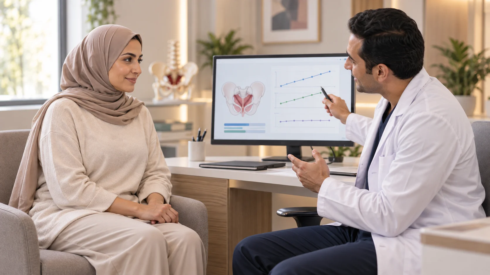 شرح نتائج تقييم قاع الحوض لسيدة عربية داخل عيادة تأهيل
